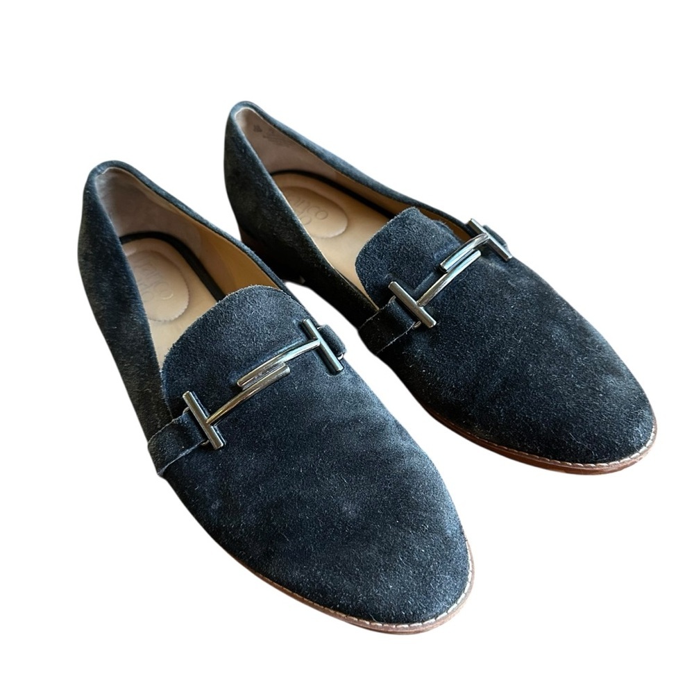 Franco Sarto Harlow Black Suede Buckle Loafers Sz 10
